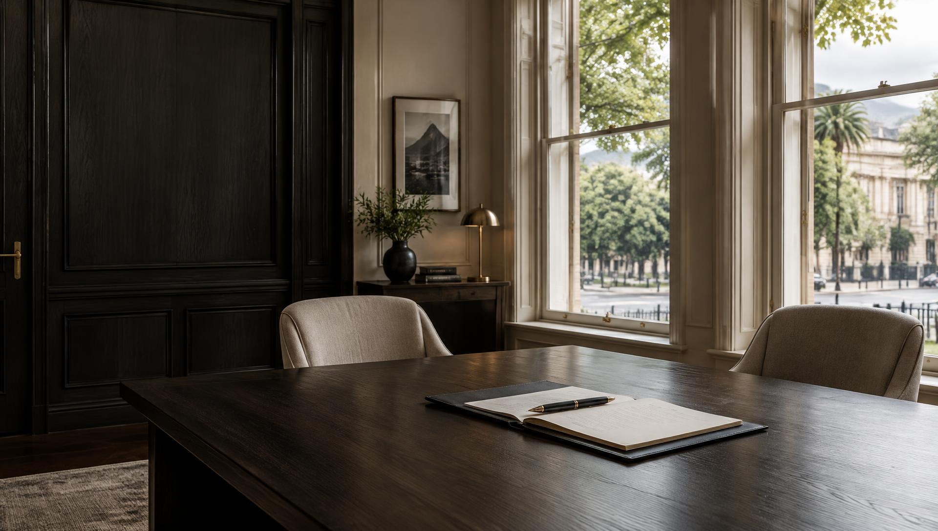 An editorial image of a quiet legal meeting room
